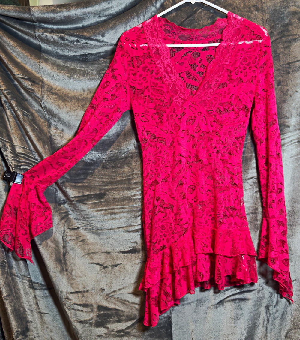 AMPLOVA Pink Lace Sheer Floral V-Neck Long Bell Sleeve Ruffle Hem Blouse Fairy